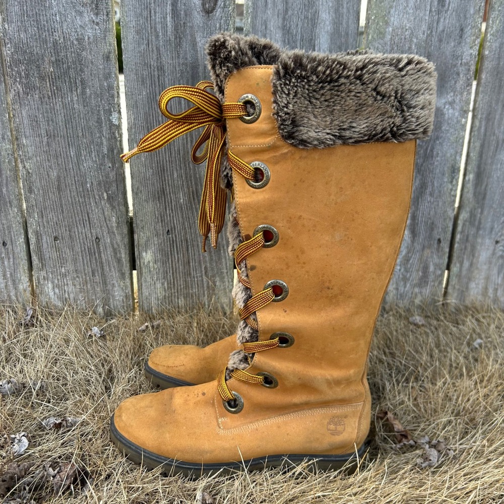 Timberland Wheat Nubuck Faux Fur Tall Lace Up Winter Boots 91335 Womens 8.5 M